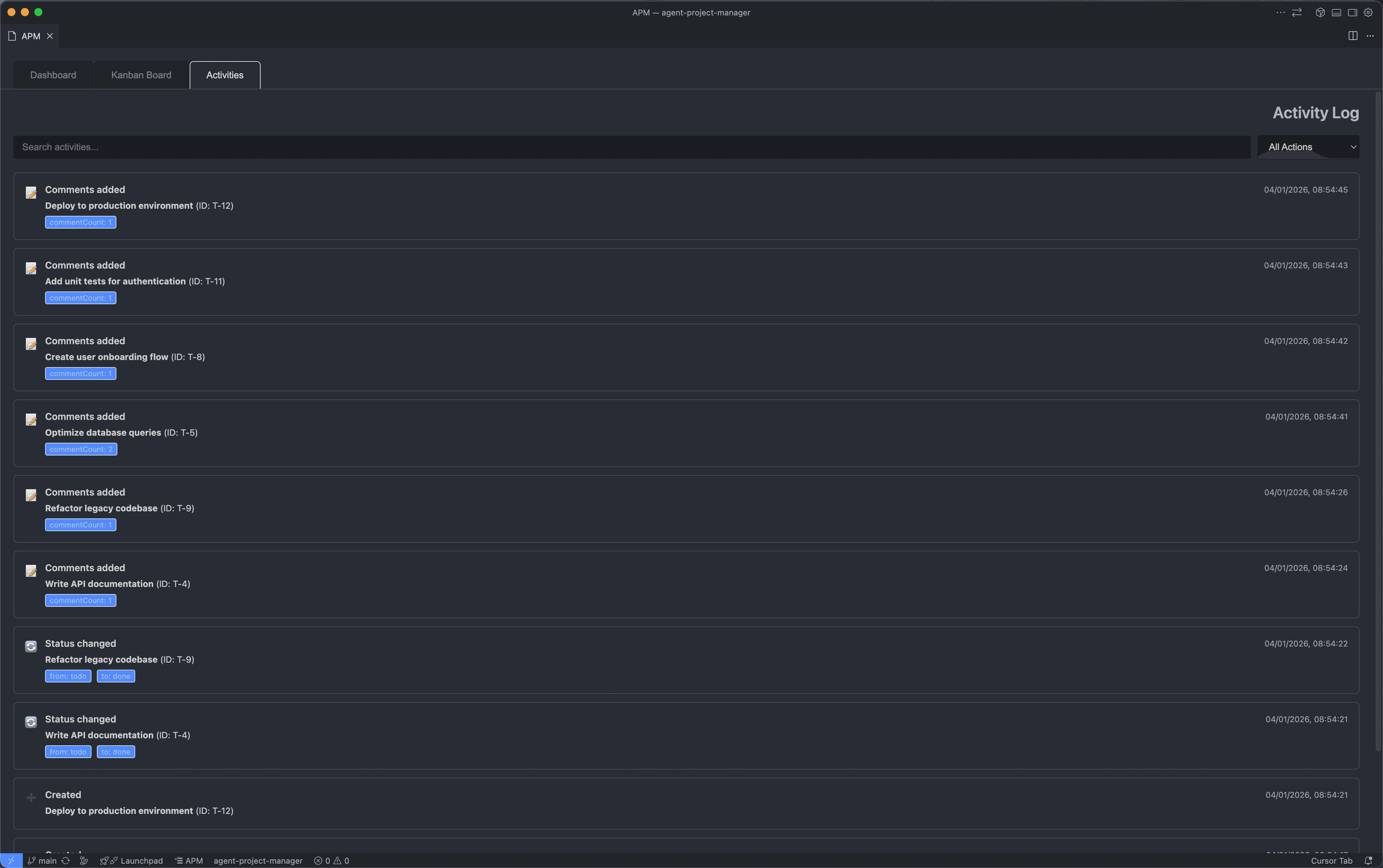 APM Activity Log - Track all changes and updates