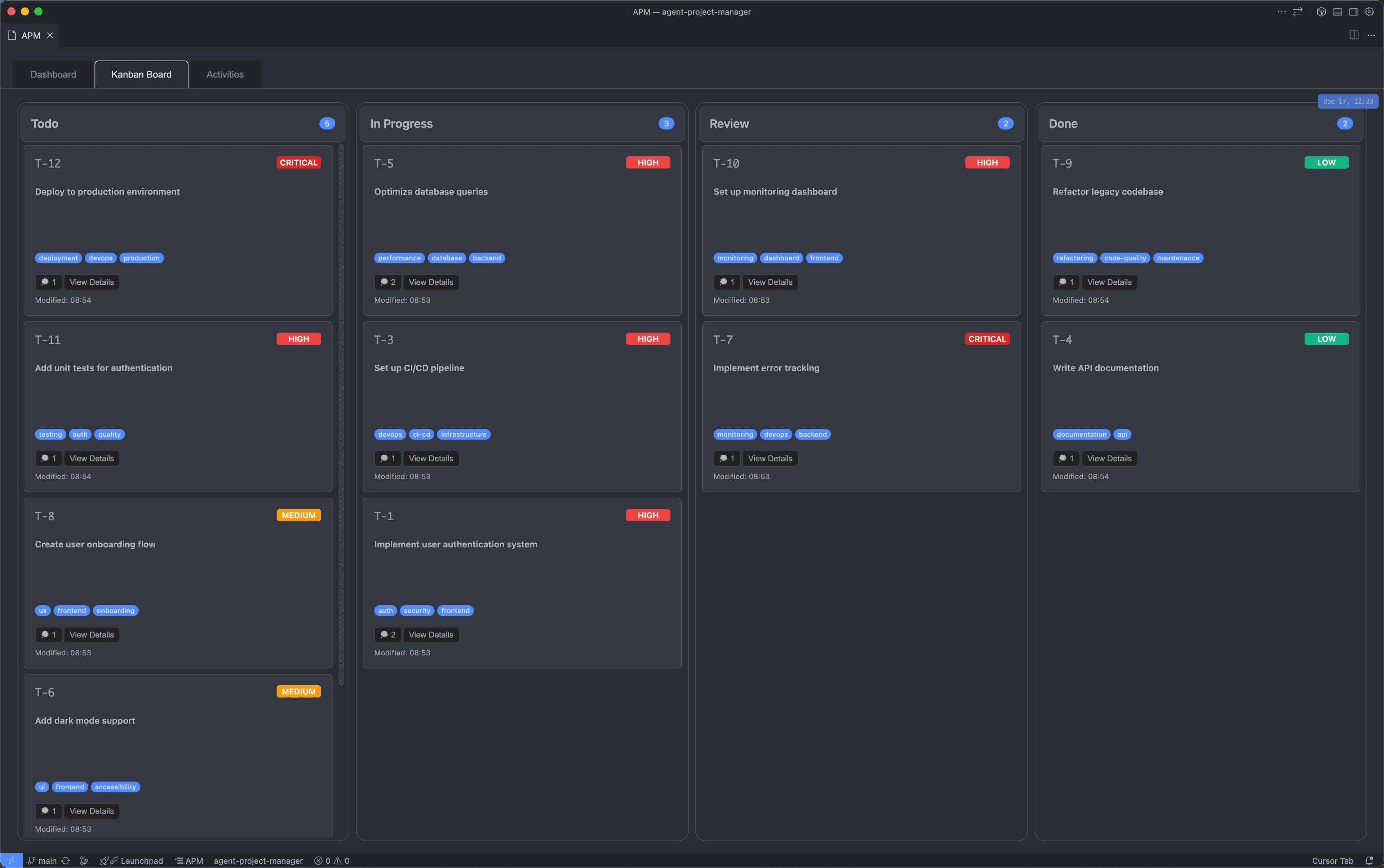 APM Kanban Board - Drag and drop task management